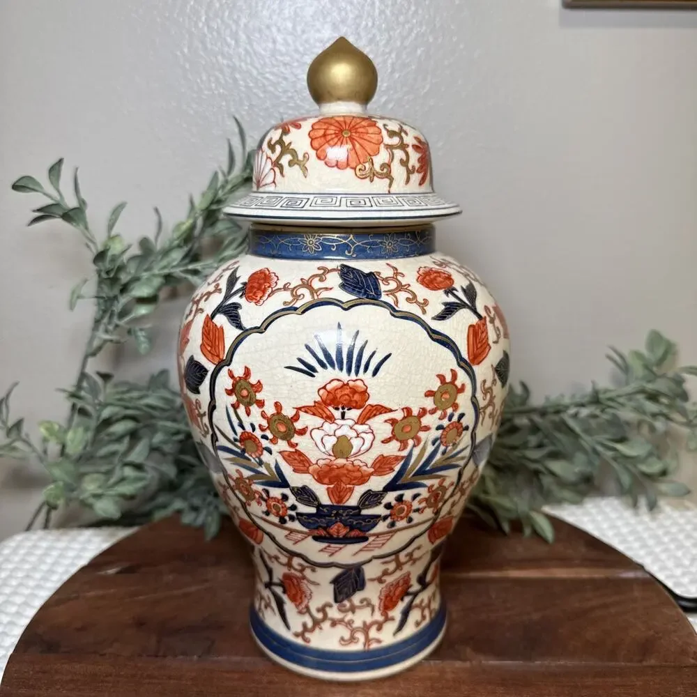 Vintage LJ Japan Imari Style Ginger Jar Lidded Vase Crackle Glaze Chinoiseri 11”